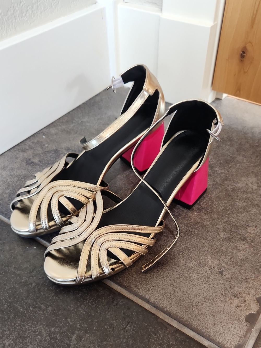Metallic Gold Strappy Heels with Pink Block Heel